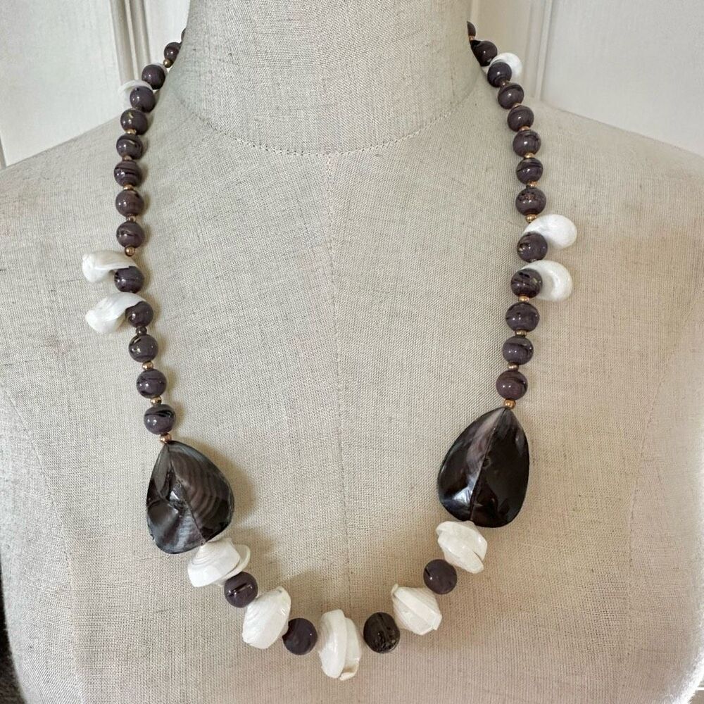 Purple beaded vintage long shell necklace